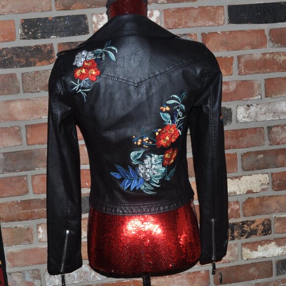 Guess Floral Embroidered Faux Leather Moto Jacket XS - Picture 3 of 7